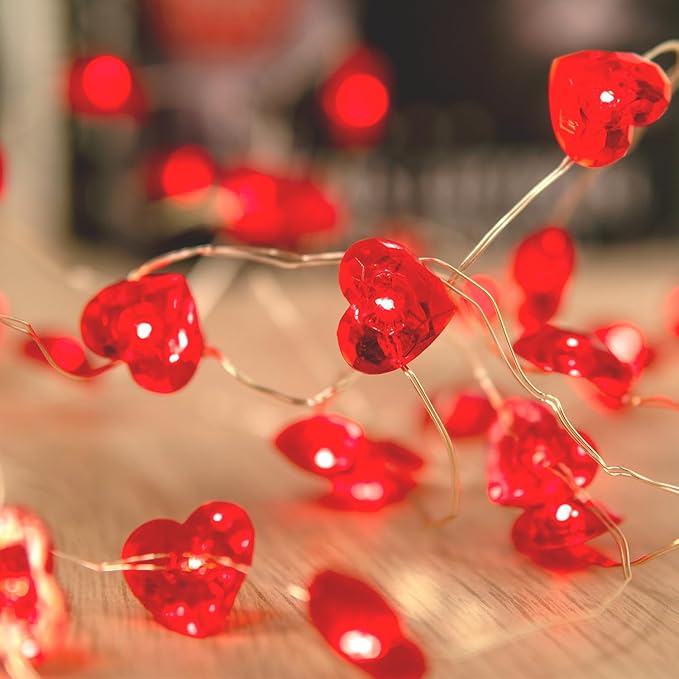 BOHON Valentine Day Decorations 10 ft 40 LEDs Red Heart Shaped Twinkle Fairy String Lights Battery Operated for Kids Bedroom Wedding Indoor Party Valentine's Day Mother's Day Decor with Remote