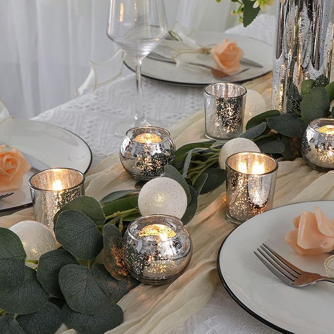 DEVI Silver Votive Tealight Candle Holders 24PCS, Mercury Glass Candle Holders for Table Centerpieces, Tea Party Wedding Table Decor