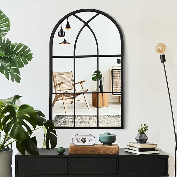 ironsmithn Arched Window Mirror, 31.5"x19.7" Grid Mirrors, Windowpane Mirrors, Black Metal Wall Mirror for Decor Living Room Fireplace Entryway Bedroom Hallway