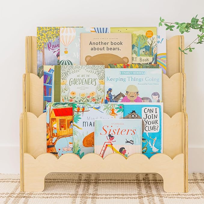 Wooden Kids Bookshelf w/Scalloped Edges- Made in USA- Perfect Height 3-Tier Montessori Shelf- Durable Childrens Bookcase for Kids Room or Playroom- Baby Book Shelf Nursery