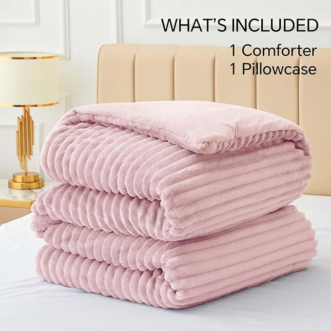 BEDELITE Fleece Twin Comforter Set -Super Soft & Warm Fluffy Pink Bedding, Luxury Fuzzy Heavy Bed Set for Winter with 1 Pillow case