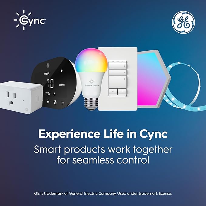 Cync GE A19 Direct Connect LED Light Bulb, Color Changing Smart Light, Matter Compatible, Compatible with Alexa and Google Home (2-Pack)