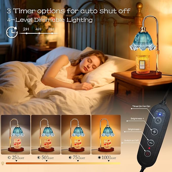 Candle Warmer Lamp with Timer Dimmable: Birthday Gifts for Women & Home Bedroom Decor, House Warming Gifts New Home– Wax Warmer Gifts for Mom - Adjustable Height,3 Timing Mode, 4 Level Dimming (Blue)