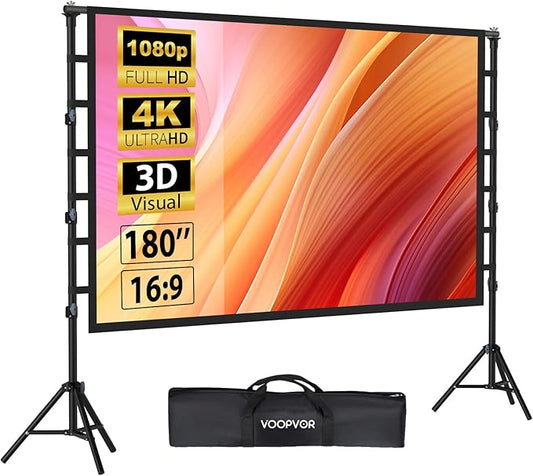 180 Inch Outdoor Projector Screen with Stand: VOOPVOR Portable Projection Screen and Stand, Indoor Rear Front Movie Screen 16:9 4K HD, with Carry Bag, Height Adjustable for Home Theater RVs Camping
