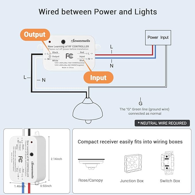 DEWENWILS Wireless Light Switch and Receiver Kit, 10A/1200W, No in-Wall Wiring Required,Remote Control Wall Switch Lighting Fixture for Ceiling Lights, Fans, Lamps,100 Ft RF Range, Programmable