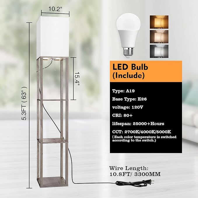 RUNTOP Floor Lamp with Shelves, Shelf Lamp with 3 Color Temperature LED Bulb,Lamps for Living Room, Standing Lamp Modern Tall Standing Light Display Shelf Floor Lamps for Bedroom, Office Home Decor