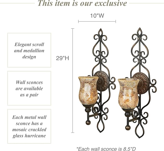 Touch of Class Leyanna Mosaic Wall Sconce Pair - Aged Brown, Victorian Style, Made of Metal, Glass - Antique Sconces, Medallion Designs - Set of 2, Ornate Candle Holder