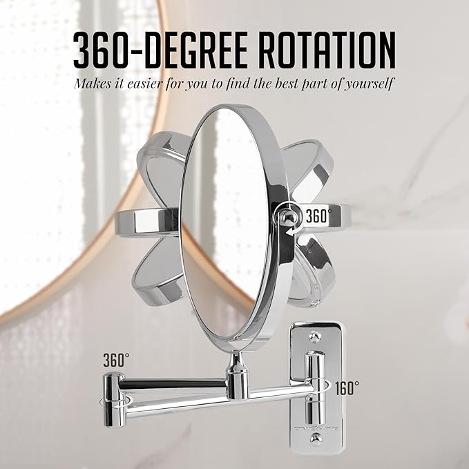 OVENTE 7" Wall Mounted Makeup Mirror with 1X/10X Magnification, Double Sided Magnifying Round Bathroom Vanity Mirror, 360° Swivel Design, Extendable and Folding Arm, Polished Chrome MNLFW70CH1X10X
