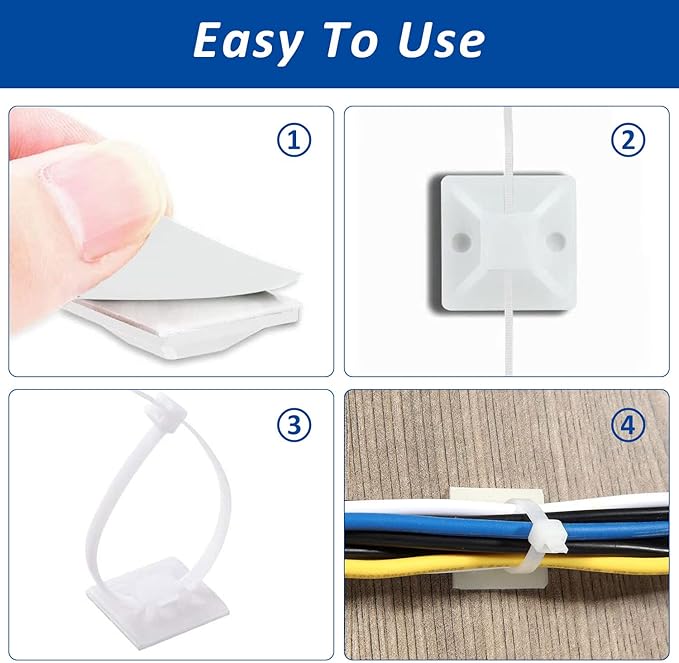 Strong Back-Glue Self Adhesive Cable Zip Tie Mounts Kit - 100 Set Cable Management Clips with 6" Zip Ties, Wire Holders - Outdoor Sticky Wire Organizer Clips - White