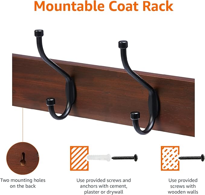 Amazon Basics Rectangular Wall-Mounted Farmhouse Coat Rack, 5 Hook, Light Walnut