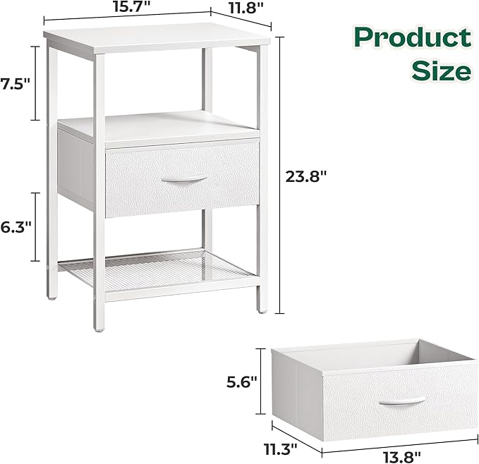 Huuger Night Stand with Fabric Drawer, Side Table with Mesh Shelf, Bedroom Nightstand, Fabric Drawer Dresser, Open Shelf, Metal Frame, Couch Side, White