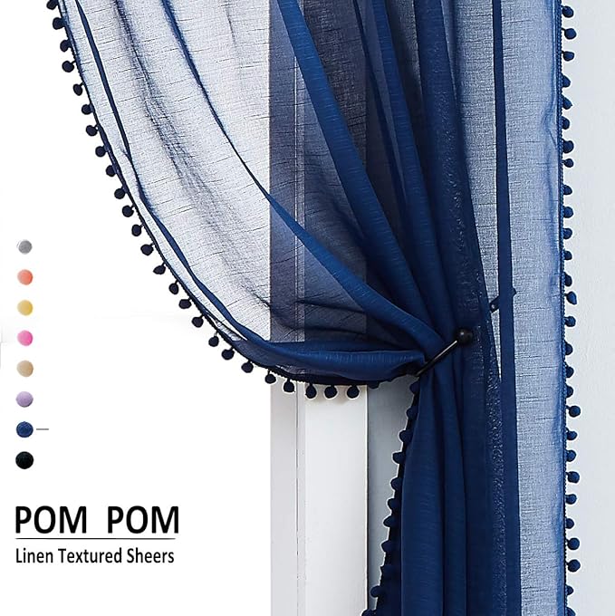 Treatmentex Pom-Pom Navy-Blue Sheer Curtains for Bedroom Windows 84inches Long Linen Textured Look Sheer Drapes for Living Room 52" w x 2Pack
