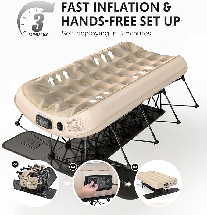 Simpli Comfy EZ Bed Twin Self-Inflating Air Mattress with Built-in Frame, Pump and Wheeled Case, Blow Up Inflatable Air Bed Perfect for Home, Guests, Travel, Vacation, Camping