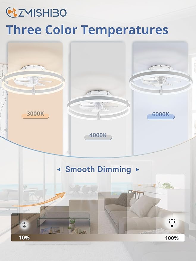 ZMISHIBO Ceiling Fans with Lights and Remote, 19.7'' Low Profile Ceiling Fan, 3000-6000K Dimmable Modern Flush Mount LED Fan Light, 6 Wind Speeds, White Fandelier Ceiling Fans for Bedroom