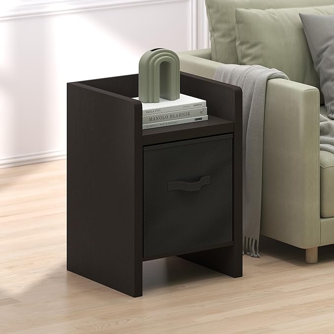 Furinno Viola Side Table, Thick Frame End Table with Storage Bin, Night Stand, Bedside Table, for Living Room, Bedroom, Dark Oak