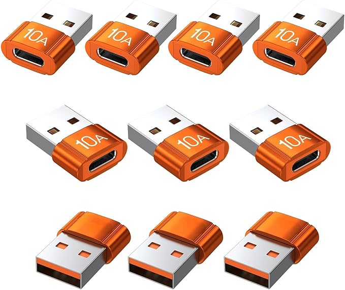 USB to USB C Adapter 10 Pack,10A 200W Fast Charging USB2.0 480Mbps Data Transfer,USB C Female to A Male Charger Converter for Ma-cBook Pad Phone 17/16/15 G-alaxy Smartphone Laptop Tablet Orange