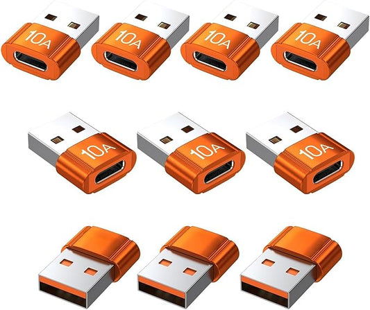 USB to USB C Adapter 10 Pack,10A 200W Fast Charging USB2.0 480Mbps Data Transfer,USB C Female to A Male Charger Converter for Ma-cBook Pad Phone 17/16/15 G-alaxy Smartphone Laptop Tablet Orange