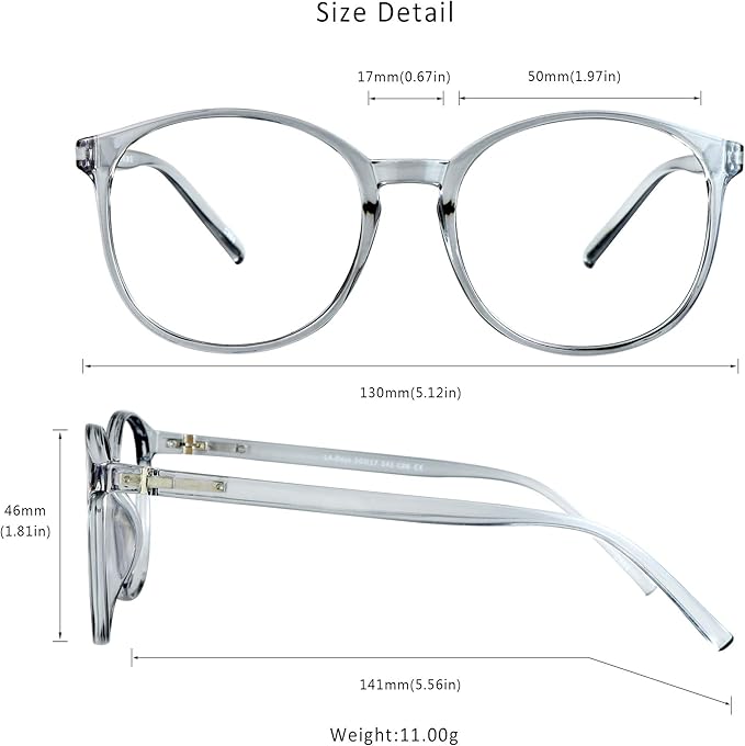 LifeArt Round Blue Light Blocking Glasses, Computer Glasses, Gaming Glasses, TV Glasses for Women Men (Clear Gray, 6.00 Magnification)