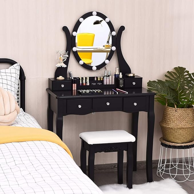 CHARMAID Makeup Vanity Table with Lighted Mirror, Vanity Desk with 10 LED Lights, Adjustable Brightness, 5 Drawers and Removable Storage Organizer, Bedroom Dressing Table with Stool (Black)