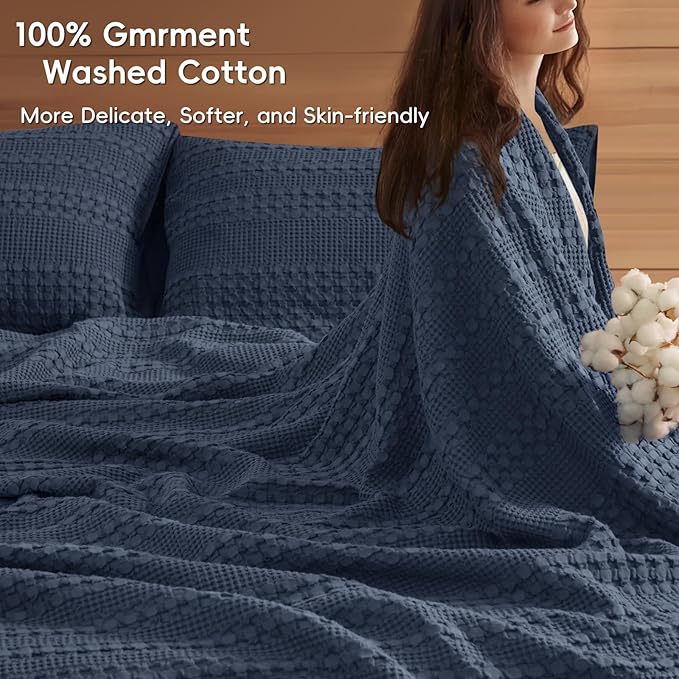 PHF 100% Cotton Waffle Blanket Oversized King 120"x120", Lightweight Breathable Extra Large 10'x10' Blankets for Bed, Giant Big Luxury Aesthetic Woven Bedding for Home Decor, Indigo