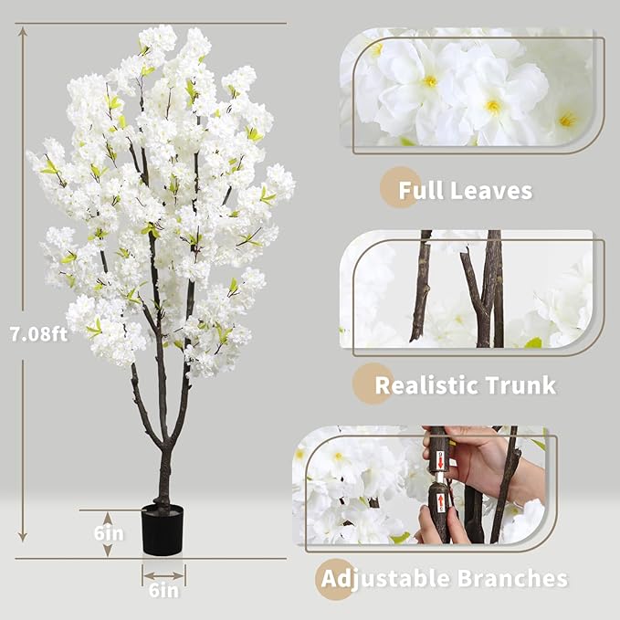 Faux White Cherry Blossoms Tree 6FT Flowering Tree Artificial Cherry Blossom Tree for Bedroom Home Decor