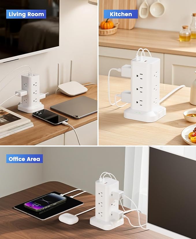 Power Strip Tower with Surge Protector 1800J, Fast Charging Tower PD20W USB-C Ports with 12 AC Outlets, 9.8ft Extension Cord for Home Office Dorm Room, White