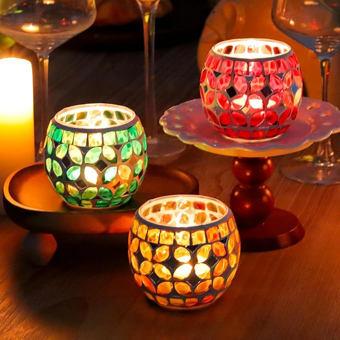 SHMILMH Mosaic Candle Holders Set of 4, Handmade Glass Tealight Votive Holders, Vibrant Red Yellow Blue Green for Diwali Christmas Wedding Party Decor, Year-Round Festive Centerpiece