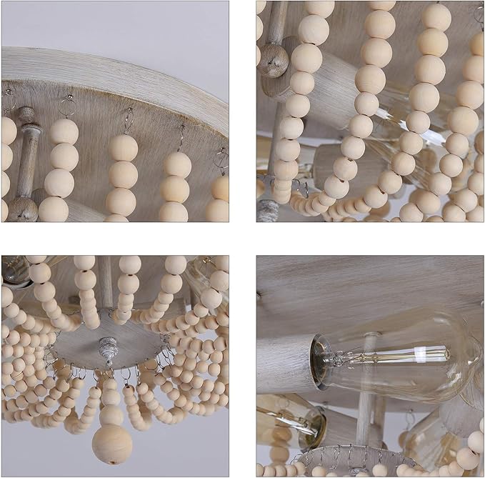 Q&S Wood Beaded Chandelier,Boho Farmhouse Light Fixture,Oak White,3 Lights,Semi Flush Mount Ceiling Light Fixtures for Hallway Baby's Nursery Bedroom Kitchen Living Room