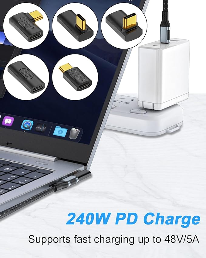 Poyiccot USB C Right Angle Adapter, 90 Degree USB C Adapter 240W PD, 40Gbps, 8K@60Hz Right Angle Type C to Type C Extension Connector for Thunderbolt 4, Steam Deck, Laptop, Smart Phone, 5-Pack