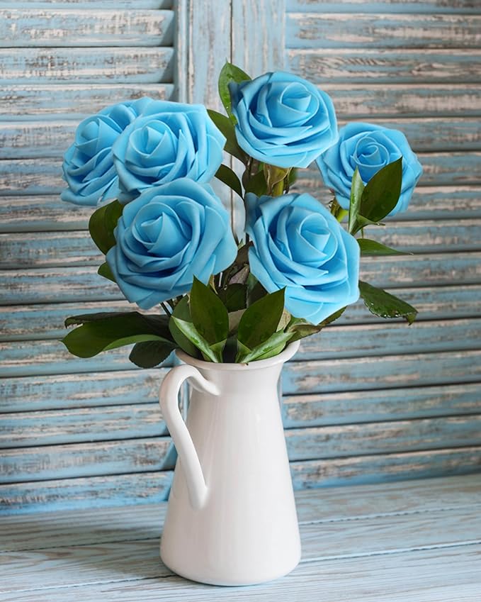 JOYLEX Artificial Flowers Realistic Roses, Real Looking Fake Roses with Stem for DIY Wedding Bouquets Centerpieces Bridal Shower Party Home Romantic Decorations (Light Blue, Regular 3" - 200pcs)