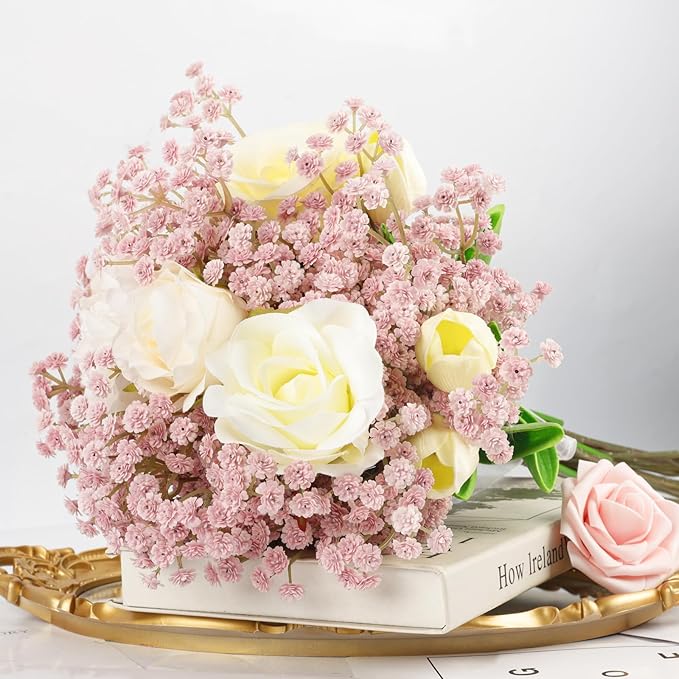 N&T NIETING10 PCS Babys Breath Artificial Flowers Fake Babys Breath Flowers Artificial Bulk Dusty Pink Gypsophila Bouquets Real Touch Faux Flowers for Wedding Floral Arrangement Party Home Decoration