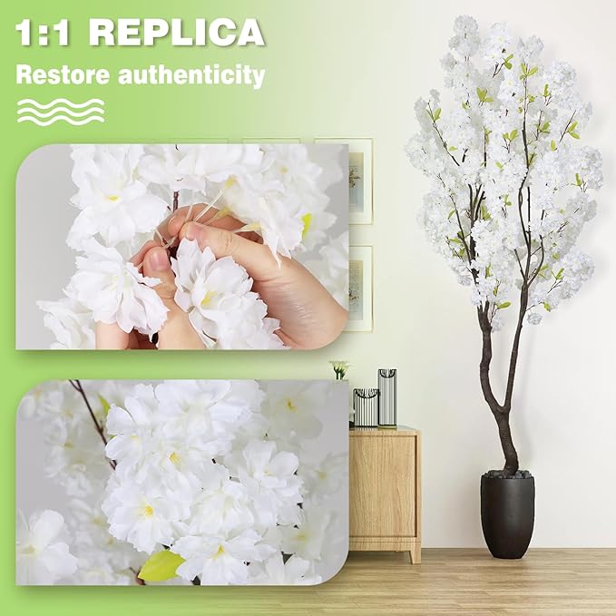 6.56ft White Artificial Cherry Blossom Tree Indoor Decor,Nearly Nature Silk Flower Fake Tree Tall,Realistic Outdoor Faux Cherry Plant Wishing Tree Front Door Handmade for Office Living Room Decor