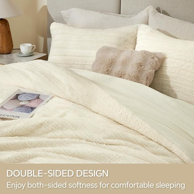 BEDELITE Fleece King Comforter Set -Super Soft & Warm Fluffy Cream White Faux Fur Bedding, Luxury Fuzzy Heavy Bed Set for Winter with 2 Pillow Cases