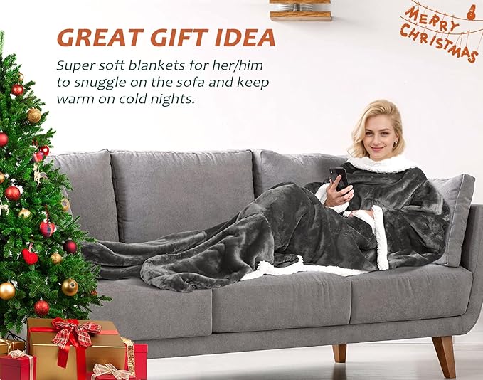 Catalonia Sherpa Wearable Blanket with Sleeves & Foot Pockets for Adult Women Men, Comfy Snuggly Wrap Sleeved Throw Blanket Robe, Gift Idea, Grey