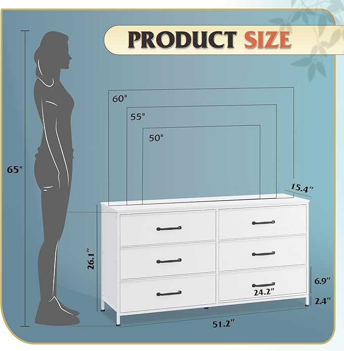 WLIVE 6 Drawer Dresser for Bedroom Large, Fabric White Dresser TV Stand for 50, 55, 60 inch TV, Wide Long Chest of Drawers with Deep Drawer for Closet, Bedroom, Living Room, Hallway