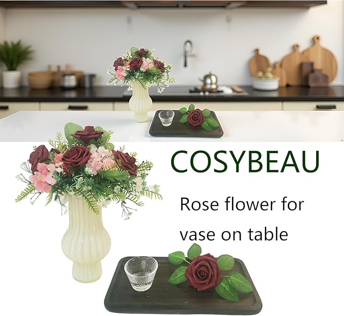 Artificial Flowers 25pcs Fake Roses, Burgundy Foam Rose Faux Flower for DIY Wedding Bouquets Bridal Shower Centerpieces Floral Arrangements Home Decorations Party Backdrops Table