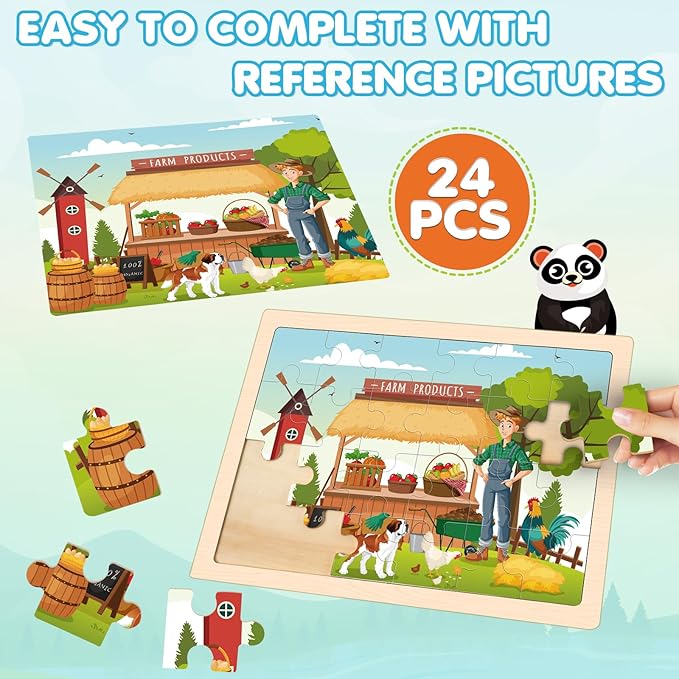 Wooden Farm Puzzles for Kids Age 3 4 5 Year Old, 4 Pack 24 Pcs Montessori Toddler Jigsaw Puzzles for Girl boy Activities Preschool Learning Educational Birthday Gift