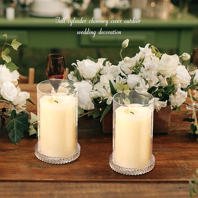 Hurricane Glass Candle Holders Set of 2, Serrated Round Candle Stand for Pillar Candles Modern CandleHolders Cylinder Chimney Cover for Outdoor Wedding Decor Parties & Table Centerpieces