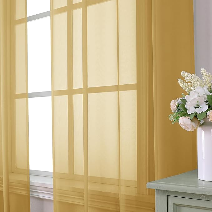 Aiyufeng Gold Sheer Curtains 63 Inch Length 2 Panels Set, Light Filtering Gold Window Curtain Drapes Treatment for Kitchen, Bedroom,Children Room, Dual Rod Pocket, 2 Pack of 42 x 63"