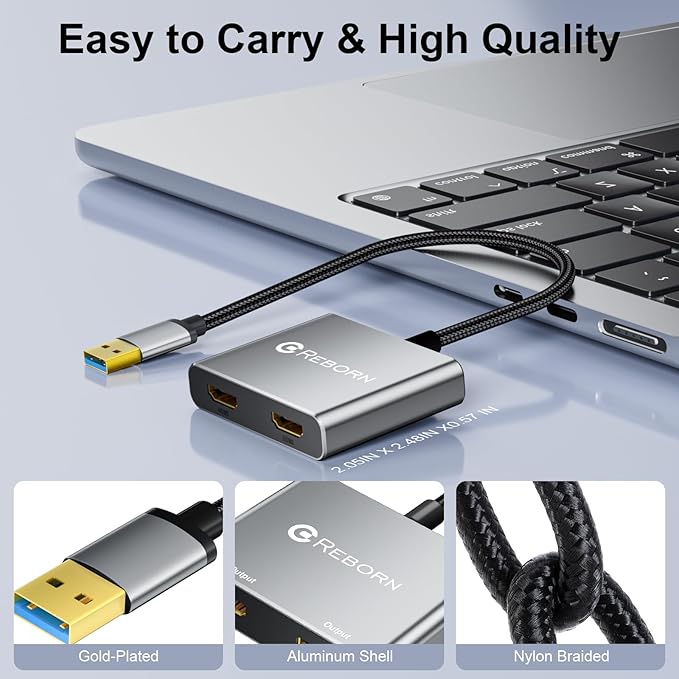 Reborn USB to HDMI Adapter, 1080P@60Hz USB 3.0 Male to Dual HDMI Female Multi-Display Cable Converter Suitable for MacOS, Windows 7/8/10/11 - Driver Installation is Required