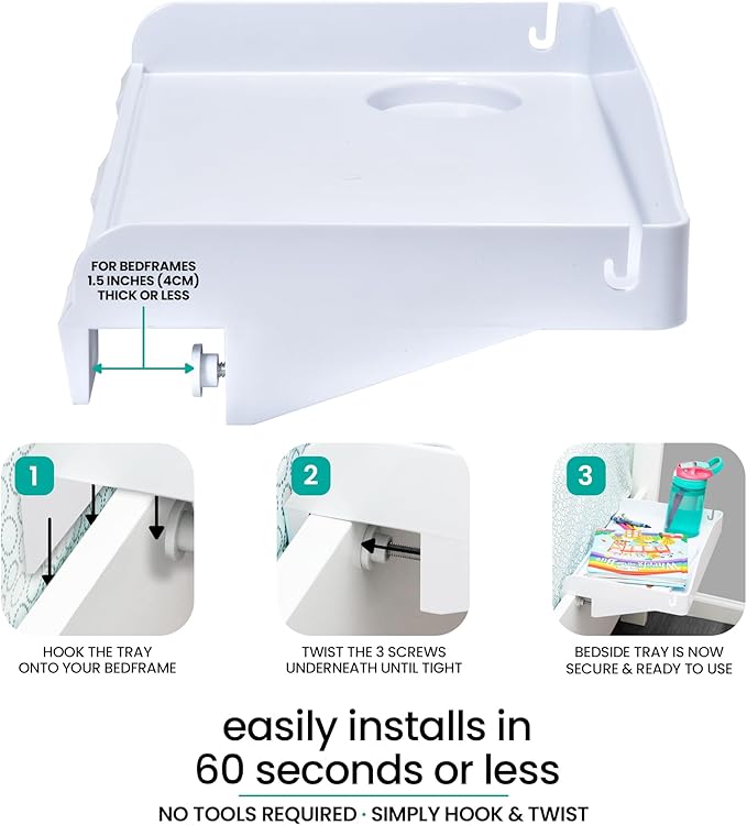 Modern Innovations 2 Count Bedside Organizer for Bed – Clip On Tray with Cup & Cord Holder – for College Dorm, Top Bunk, or Kids Bedroom (White)