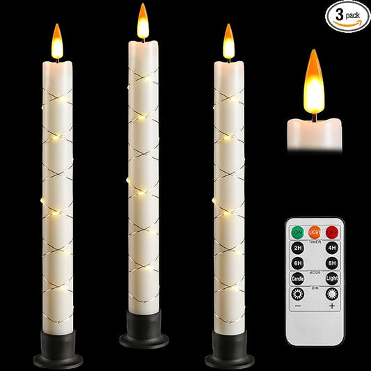 Da by 3 Flameless Window Candles with Remote Control & Timer, Battery Powered Surround Fairy Lamp, 9.6" Christmas Candle, Free 3 Black Bases for Home, Festive, Christmas, Wedding & Event Decoration