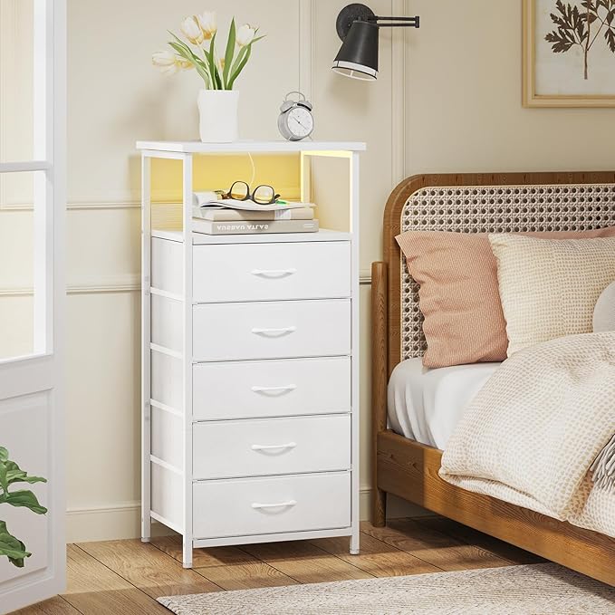 Fixwal Tall Nightstand with Charging Station and LED Lights, Night Stand with PU Finish Fabric Storage Drawers, 5 Drawer Dresser, White