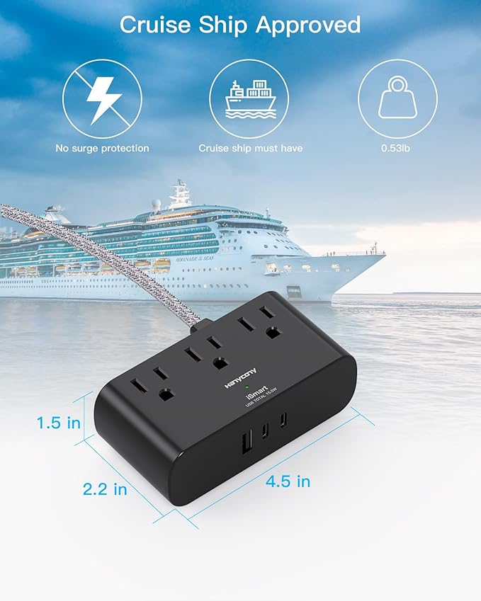 Black Flat Plug Power Strip, HANYCONY 6 Ft Ultra Thin Flat Extension Cord, 3 Outlets 3 USB Ports(2 USB C) Multi Plug Outlet Extender with No Surge Protector for Cruise Ship Travel Dorm Room Essentials
