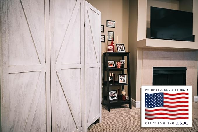 Premium Home 4-Panel Room Divider – Rustic White Barn Door, K Pattern Folding Privacy Screen, Partition Wall