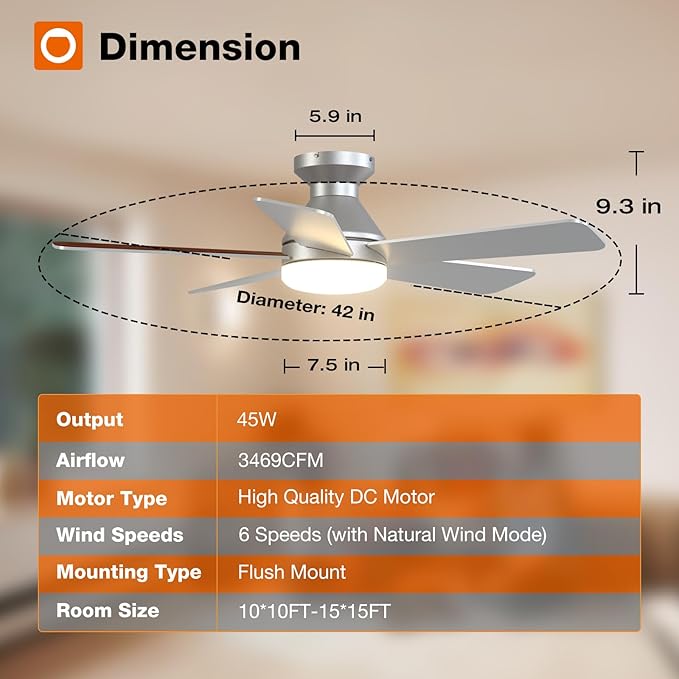 addlon Ceiling Fans with Lights, 42 Inch Low Profile Ceiling Fan with Light and Remote Control, Flush Mount, Reversible, 3CCT, Dimmable, Quiet, Silver Small Ceiling Fan for Bedroom Indoor/Outdoor Use