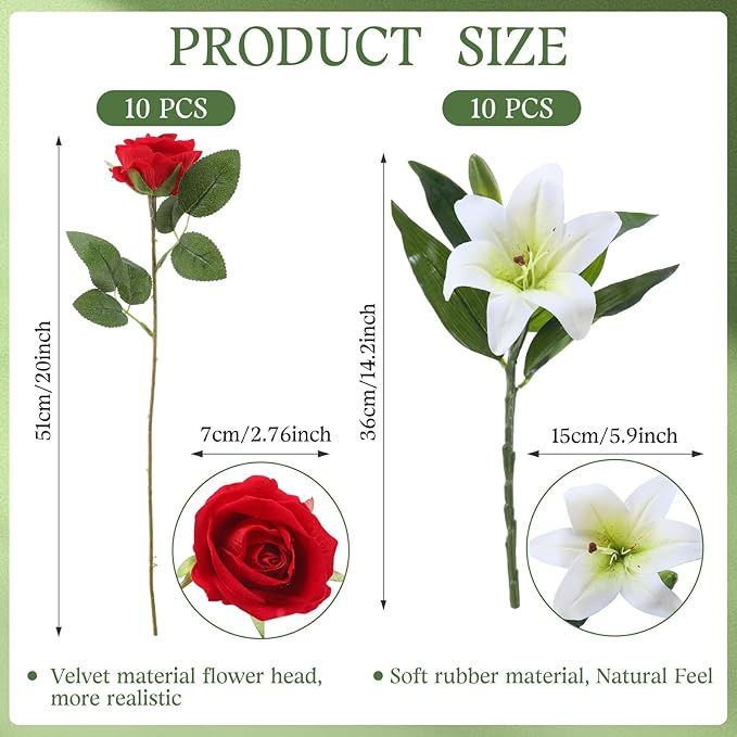 Hotop 20 Pcs Artificial Flowers Velvet Realistic Roses and Latex Lilies Flowers Bouquet Decorations Arrangements for Home Table Centerpieces Independence Day(White, Red)