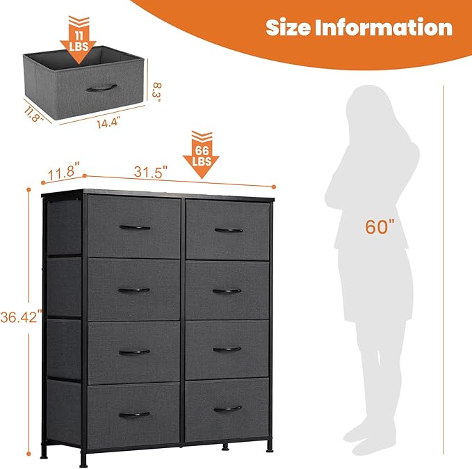 Sweetcrispy Dresser for Bedroom, Fabric Dresser with 8 Drawers, Tall Double Dresser, Chest of Drawers for Closet, Living Room, Sturdy Steel Frame, Wooden Top, Easy Pull Handle, Grey