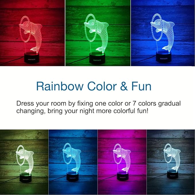 3D Dolphin Decor Lamp with Remote, 7 Color Changing Night Light Toys, Ocean Porpoise Birthday Gift for Kids, Girls, Boys