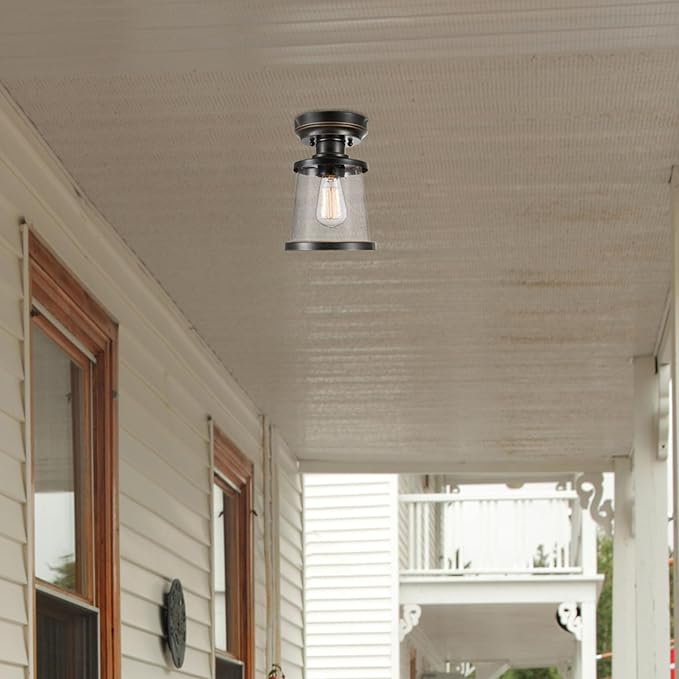 GLOBE Electric 44301 Charlie 1-Light Outdoor/Indoor Semi-Flush Mount Ceiling Light, Oil Rubbed Bronze, Clear Seeded Glass Shade, Bulb Not Included